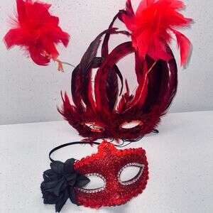 Red Masquerade Mask Lot Feather Sequin Costume Mardi Gras (2 Masks)
